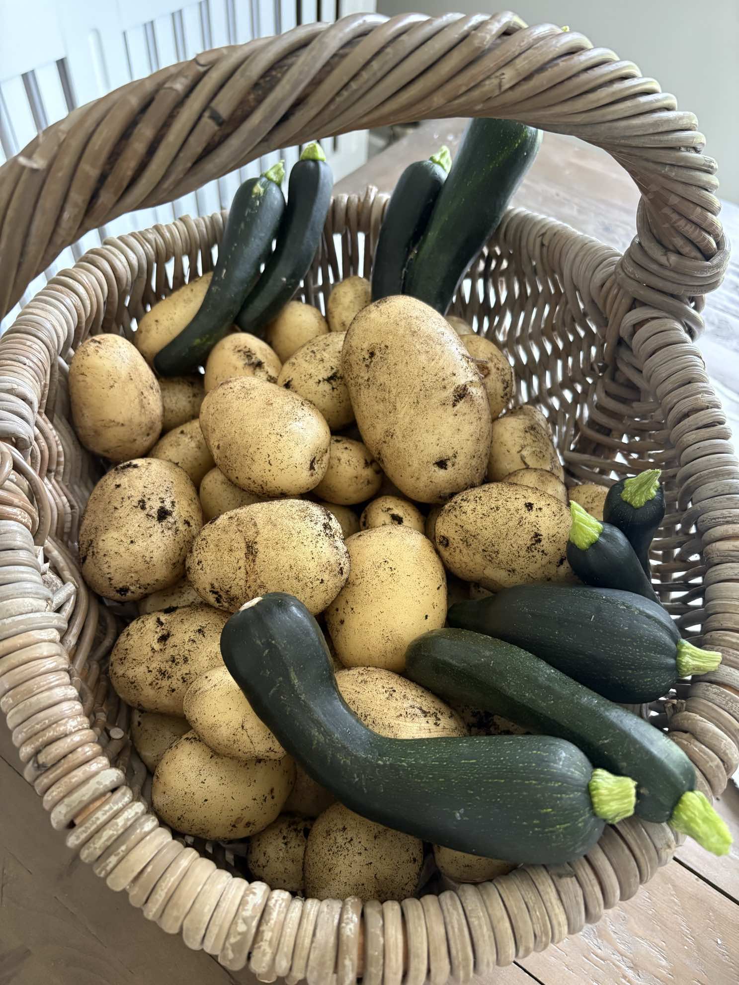 A garden trug of just-lifted potatoes and uneven home-grown courgettes, soil still on them