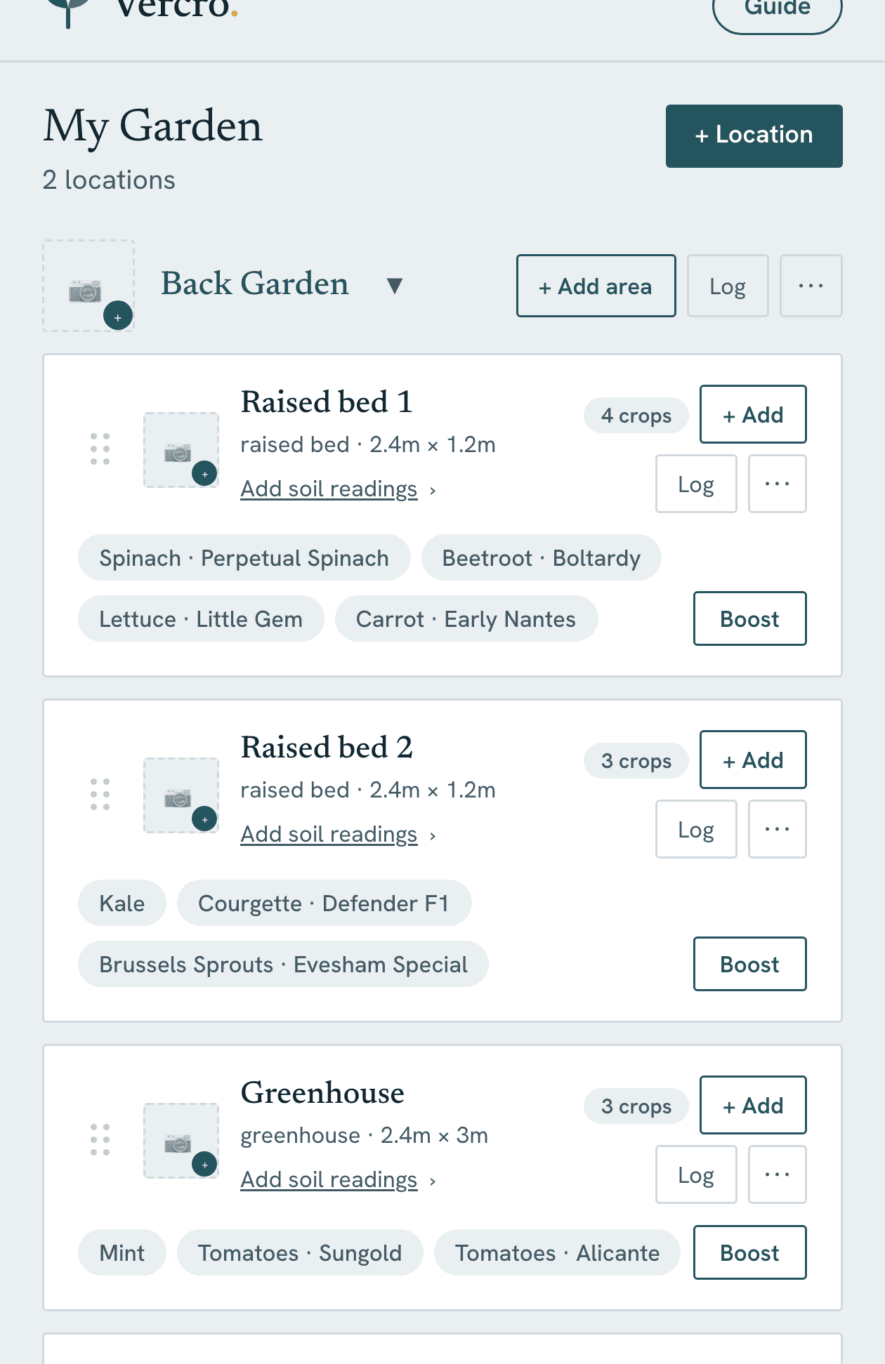 Vercro's Garden screen: Back Garden with Raised bed 1 and Raised bed 2, each listing its crops and varieties