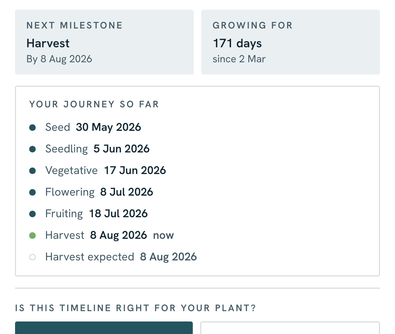 A crop timeline in Vercro listing each stage with its date: Seed 30 May, Seedling 5 June, Vegetative 17 June, Flowering 8 July, Fruiting 18 July, Harvest 8 August