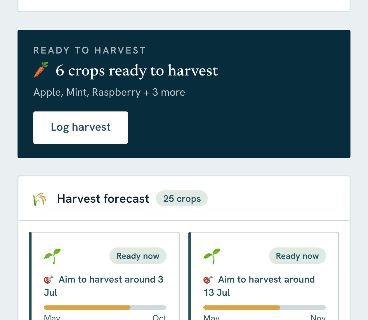 Vercro's Today screen showing six crops ready to harvest — Apple, Mint, Raspberry and three more — above the harvest forecast
